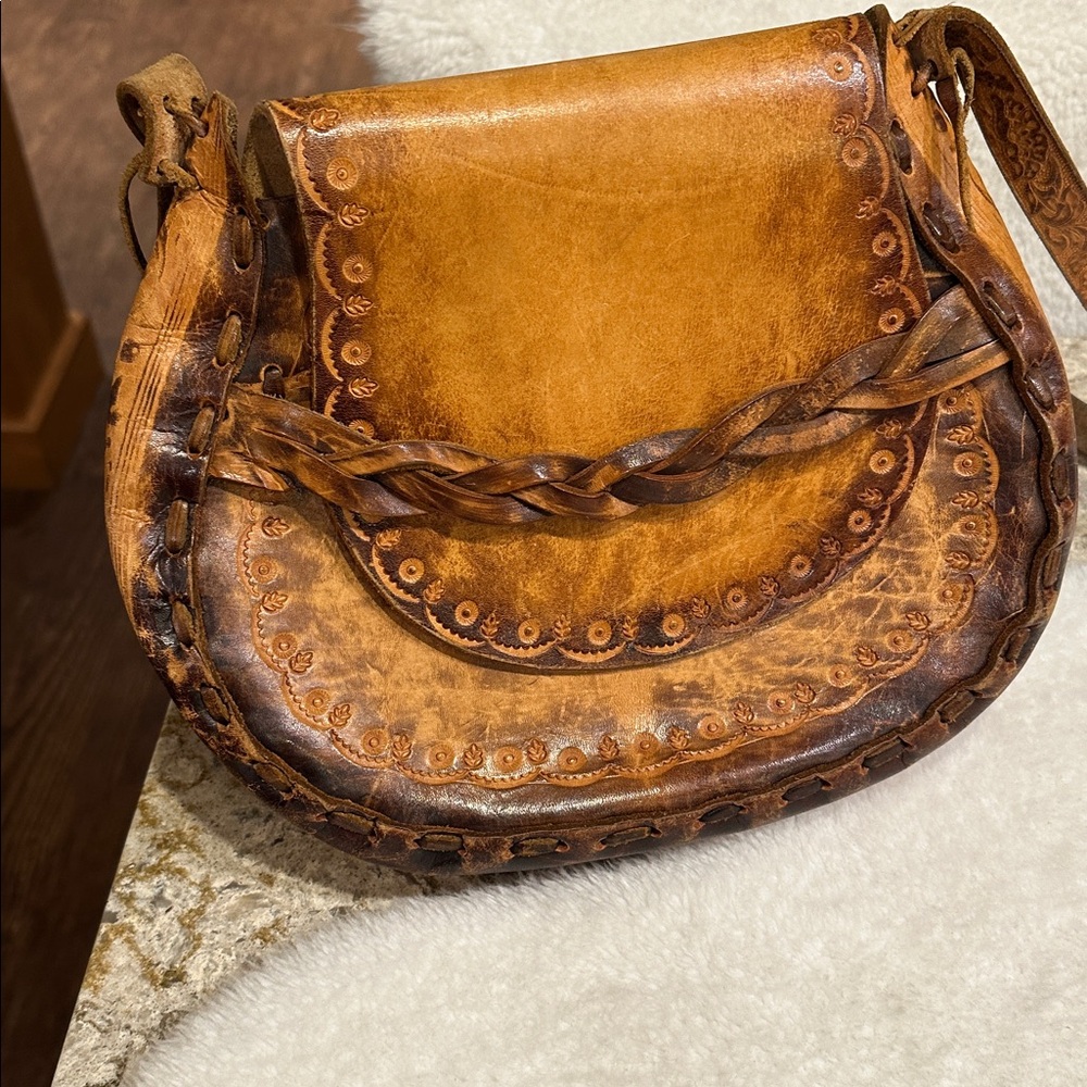 Hand etched vintage leather crossbody
